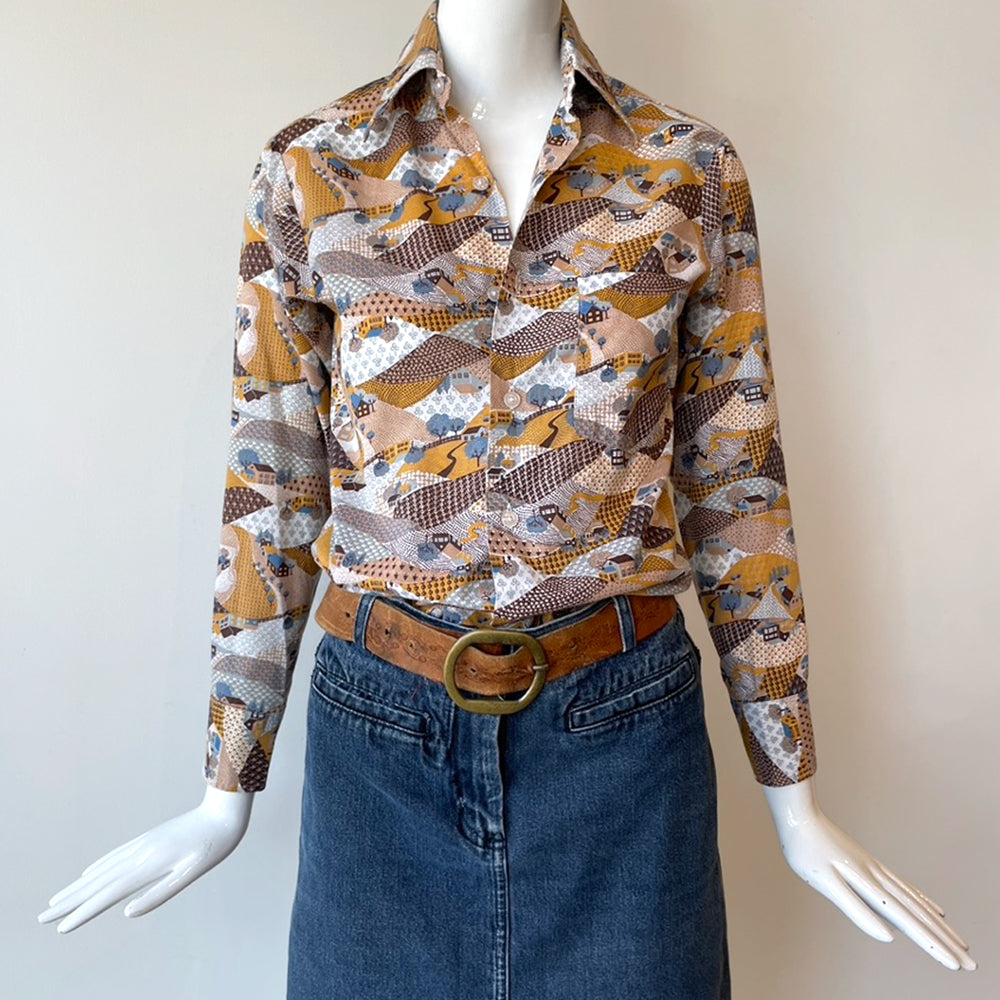 Vintage 1970s Abstract Floral Print Short Sleeve Button-up 